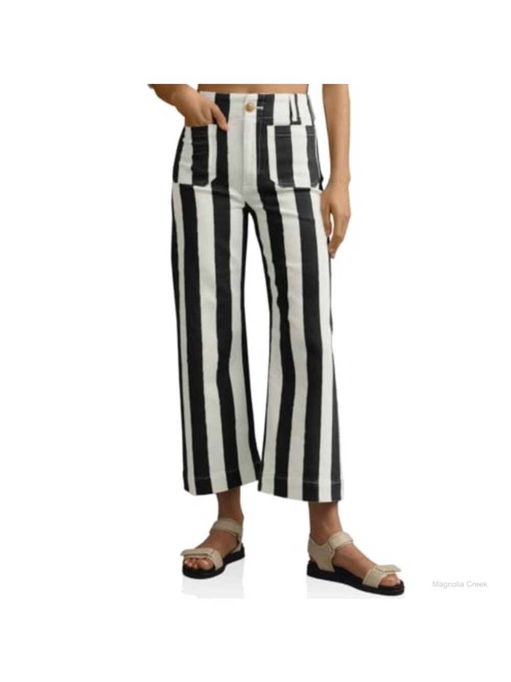 Womens High Waisted Cropped Wide Leg Striped Jeans Stretch Denim Pants